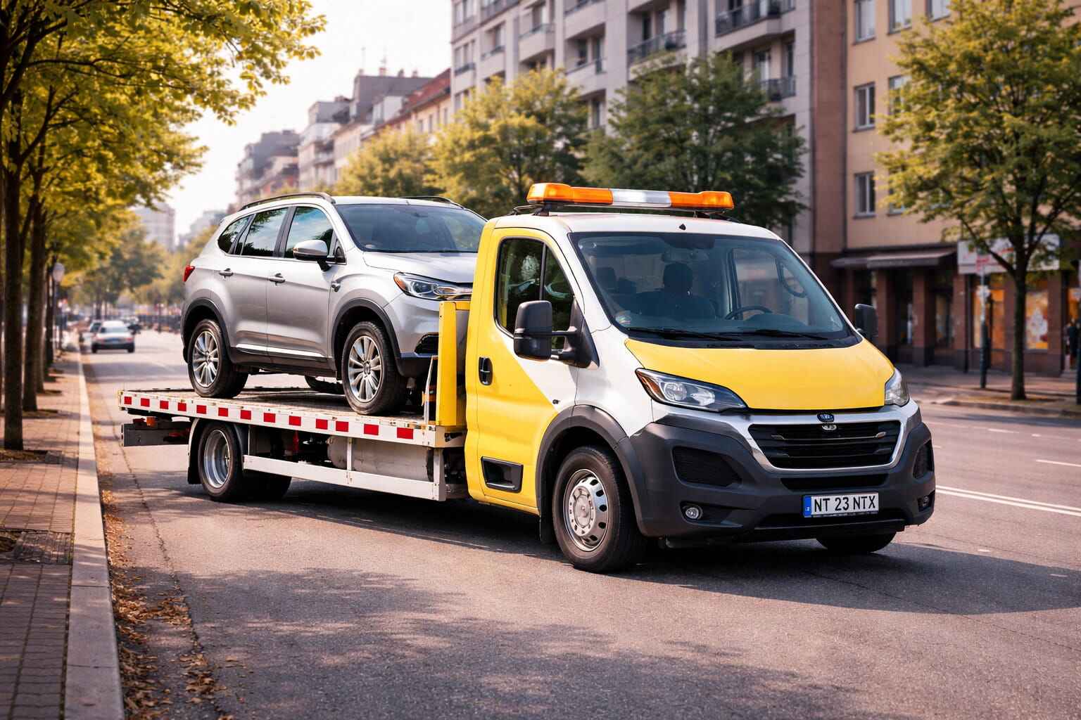 Platformă auto pentru tractări auto în Roman, intervenție rapidă asistență rutieră în județul Neamț