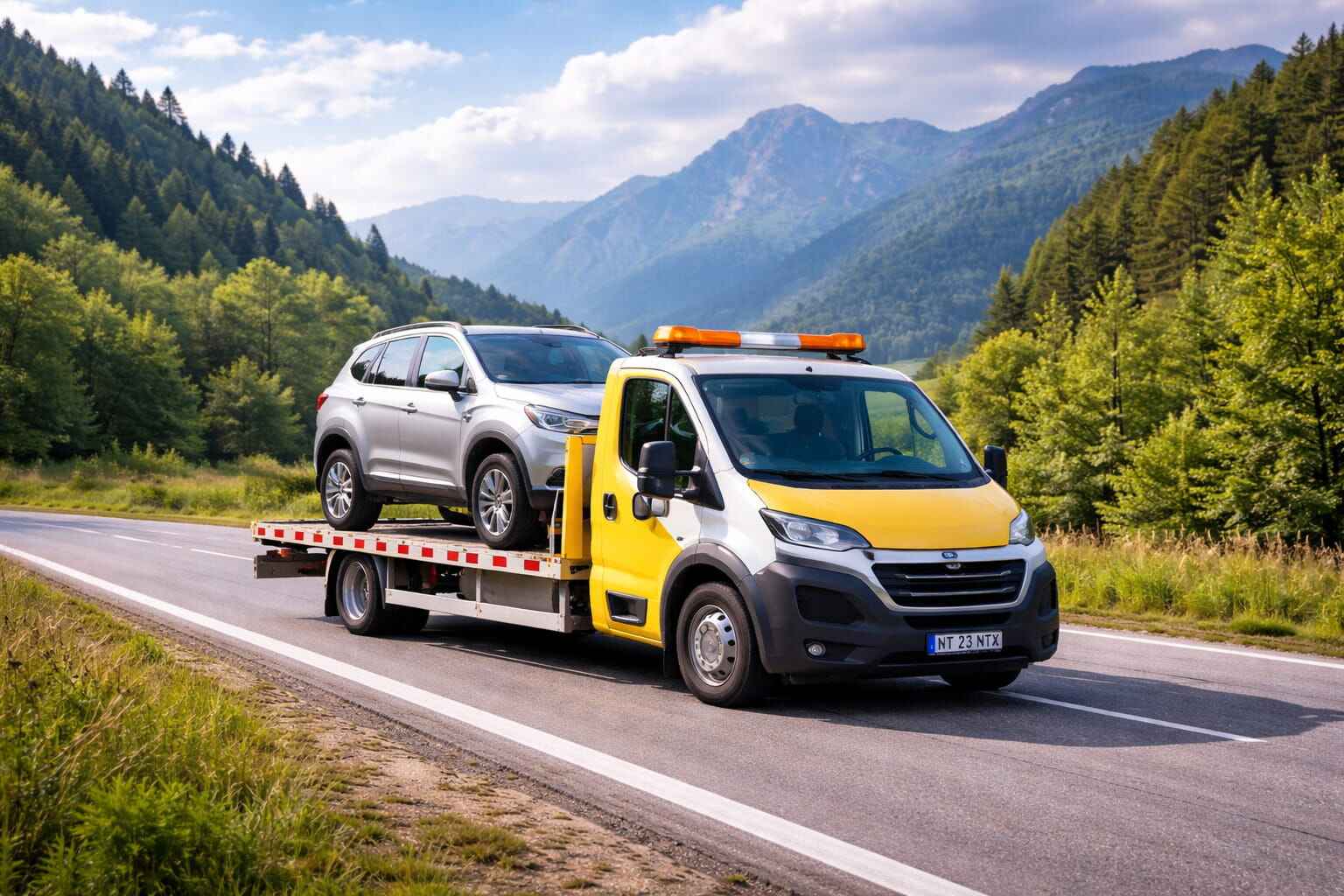 Platformă auto pentru tractări auto în Roman, intervenție rapidă asistență rutieră în județul Neamț