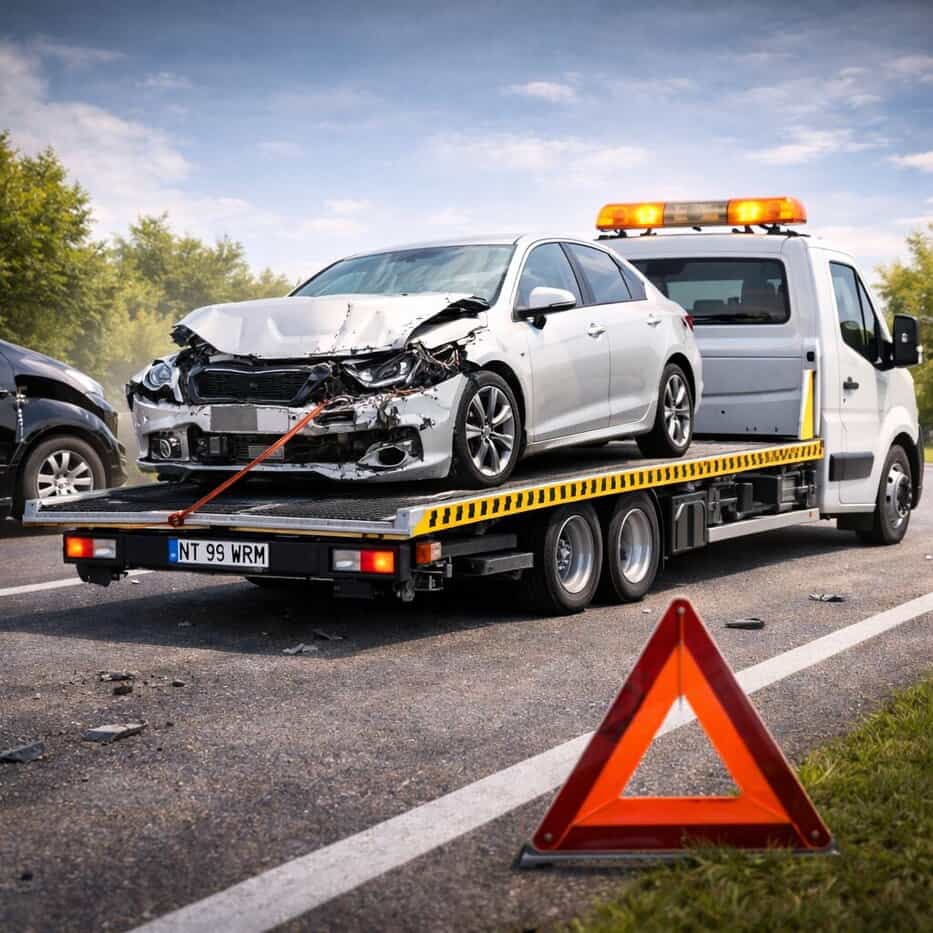 Platformă auto care transportă un autoturism avariat după accident în Roman, județul Neamț