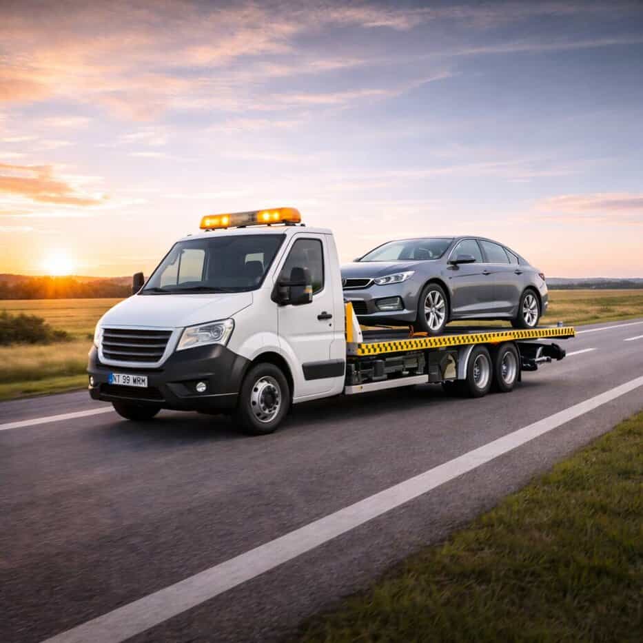 Platformă auto care transportă un autoturism pe distanțe lungi din Roman, județul Neamț